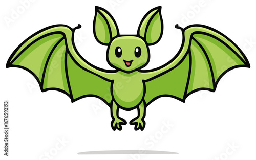 Adorable green cartoon bat mascot flying happily with wide spread wings and a cheerful smile