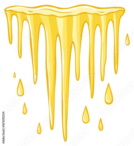 Dripping Honey Illustration Featuring Golden Liquid and Droplets on White Background