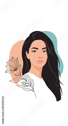 Elegant woman with dark hair and floral accents in minimalist style portrait