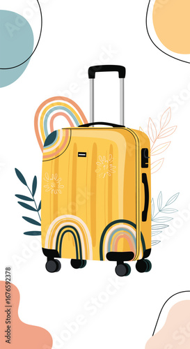 Vibrant yellow suitcase adorned with boho rainbows ideal for your next adventure