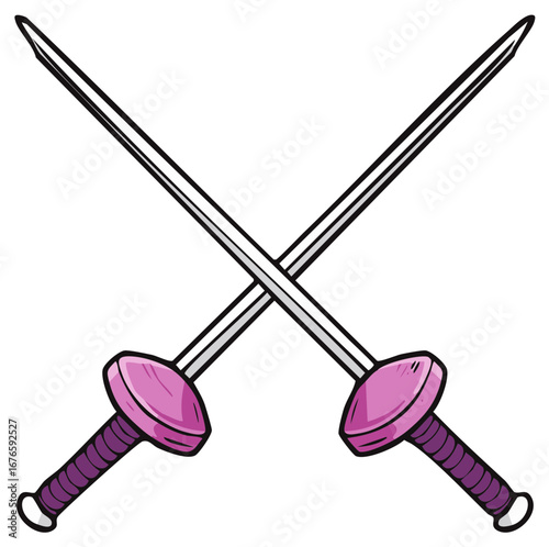 Vibrant cartoon illustration of two crossed fencing foils with pink hilts