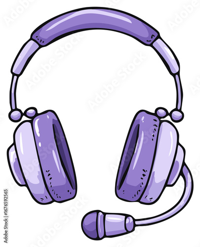 Cartoon illustration of a purple headset with a microphone for video calls and gaming