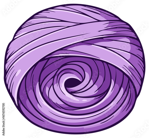 Illustrated Ball of Yarn in Shades of Purple with Detailed Lines and Spiraling Center