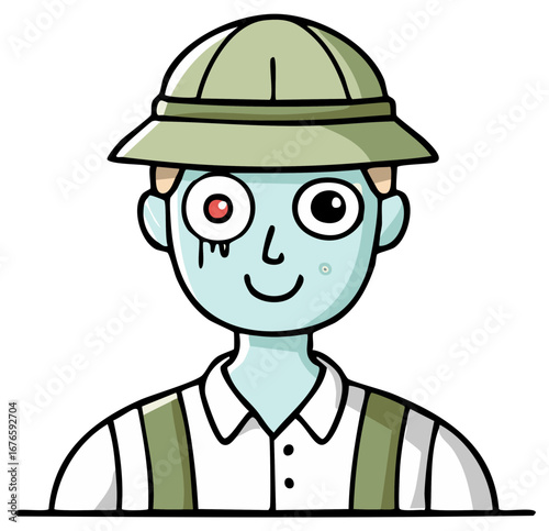 Cartoon zombie in safari hat and shirt smiling, humorous character illustration.