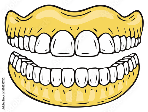 Cartoon Dentures with Yellow Gums and White Teeth, Dental Prosthetic Illustration