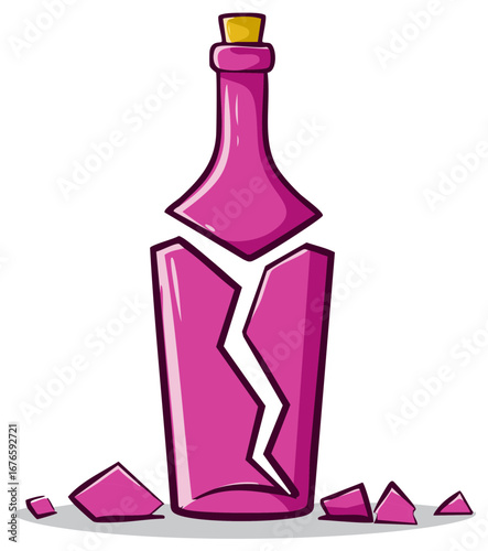 Broken Pink Bottle with Cork and Scattered Pieces