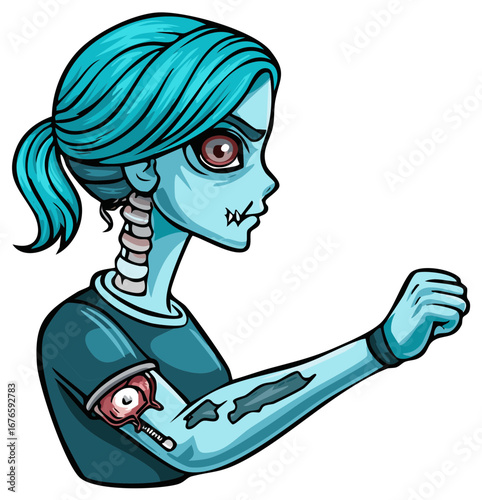 Illustration of a blue skinned female zombie character with a blue ponytail showing exposed teeth and an eye in her arm