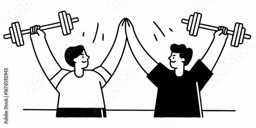 Two people lifting dumbbells and giving a high five in a black and white line art style illustration