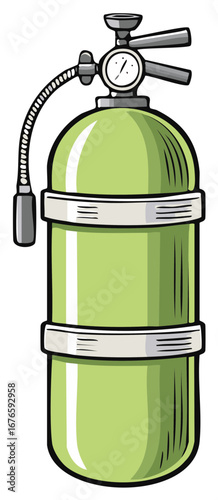 Cartoon green scuba tank with pressure gauge, dive equipment illustration.
