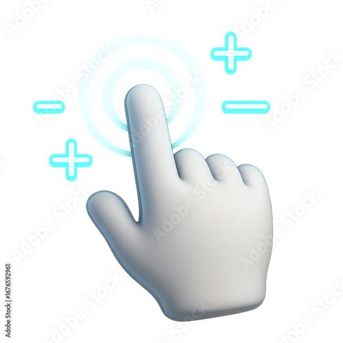 Hand touching target with plus and minus symbols concept