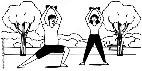 Man and woman exercising with dumbbells in a park setting with trees and a bench visible nearby