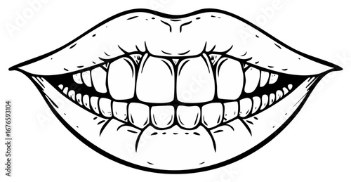 Open Human Mouth with Teeth and Lips in Black and White Line Drawing Vector