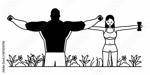 Man and woman exercising outdoors with outstretched arms in a field of grass and flowers
