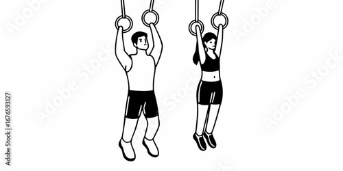 Man and woman hanging from gymnastic rings performing a calisthenics exercise in monochrome style