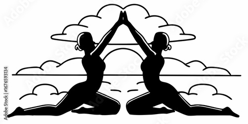 Two women in yoga pose with hands touching against a backdrop of clouds and a setting sun silhouette