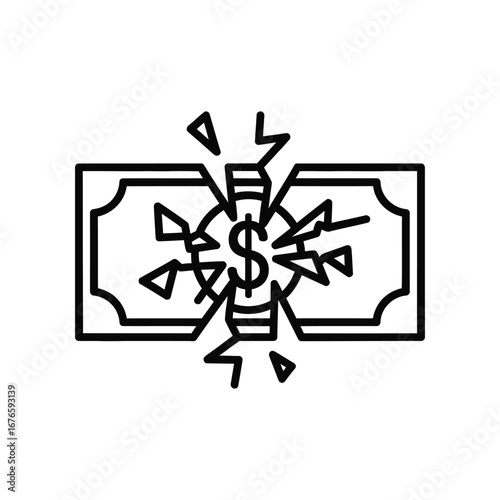 Economic Downfall: An artistic depiction of a dollar bill, shattered and broken. This stark illustration symbolizes financial distress and economic challenges.