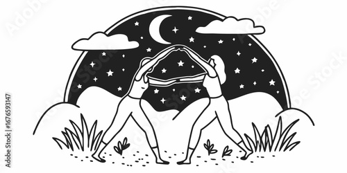 Two women forming a triangle with their hands under a starry night sky with moon and clouds scene