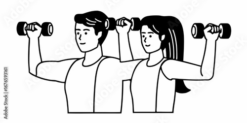 Couple exercising together lifting dumbbells in a fitness workout routine for strength and health