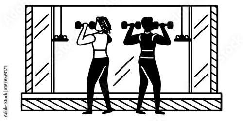 Illustration of two people lifting dumbbells in front of a large mirror in a gym setting exercise scene
