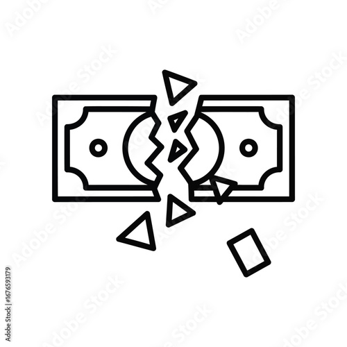Money Demise: An illustration vividly portrays the concept of financial strain, showcasing a fractured currency note, symbolizing economic loss, financial difficulty.