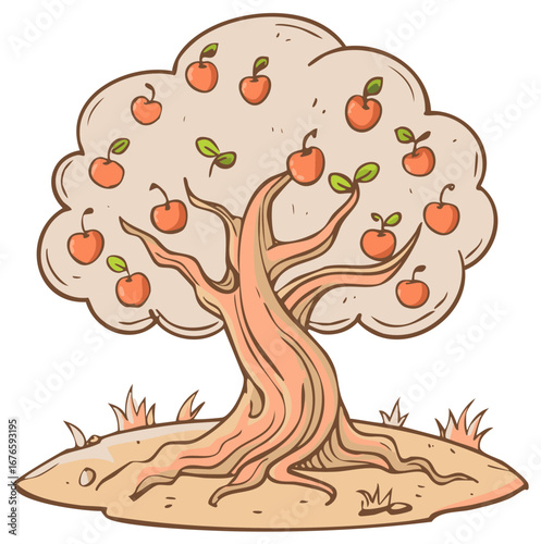 Whimsical illustration of a plump apple tree laden with ripe red fruit and green leaves