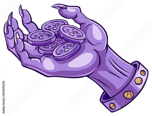 Purple monstrous hand with long sharp claws holding fantasy mystical coins cartoon illustration