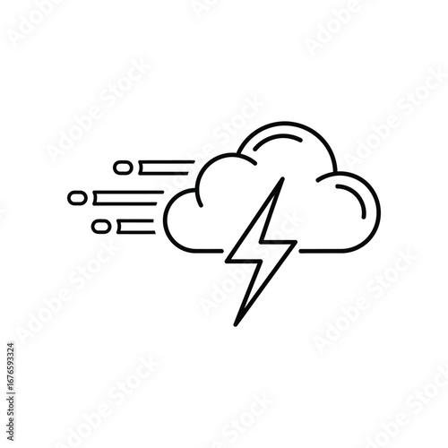 Stormy Weather Icon: A minimalist line drawing of a storm cloud unleashing a lightning bolt, accompanied by gusts of wind, symbolizing the raw power and unpredictability of nature.
