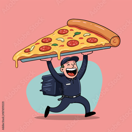 Cheerful pizza delivery mascot in dark blue uniform, holding a giant slice of pepperoni pizza overhead with melted cheese and vibrant toppings, set against a playful pink background.