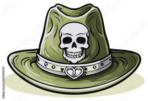 Distinctive olive green wide brimmed hat featuring a prominent skull motif and decorative band with heart buckle