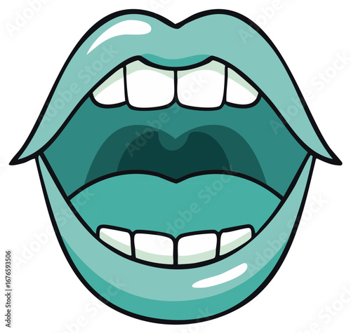 Stylized open mouth with teal lips and white teeth, graphic illustration