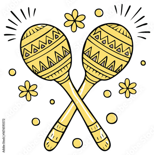 Crossed Hand Drawn Maracas and Flowers Illustration for Mexican Celebration