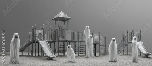 Eerie ghosts gather at a desolate playground in a monochrome spooky landscape