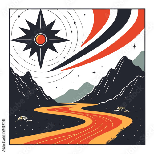 Retro-Futuristic Landscape with Cosmic Star Compass and Winding River