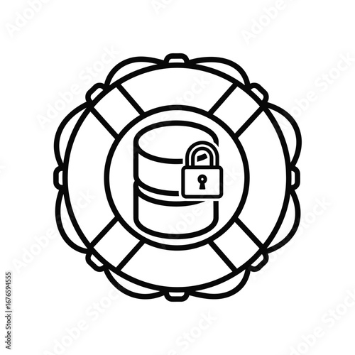 Data Fortress: A bold emblem depicting data security. A solid icon of a data server, safeguarded within a life preserver, embodies safety and reliability.