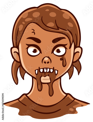 Cartoonish girl with chocolate drips from her teeth and chin creating a messy funny face illustration