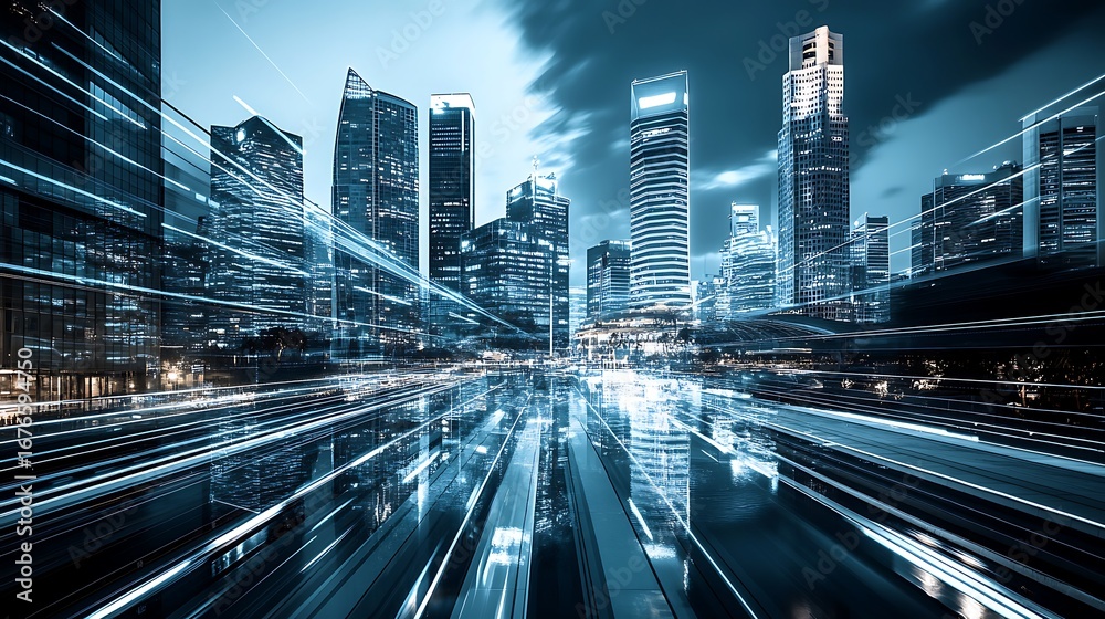 Fototapeta premium Futuristic skyscrapers and motion blur create an urban cityscape image