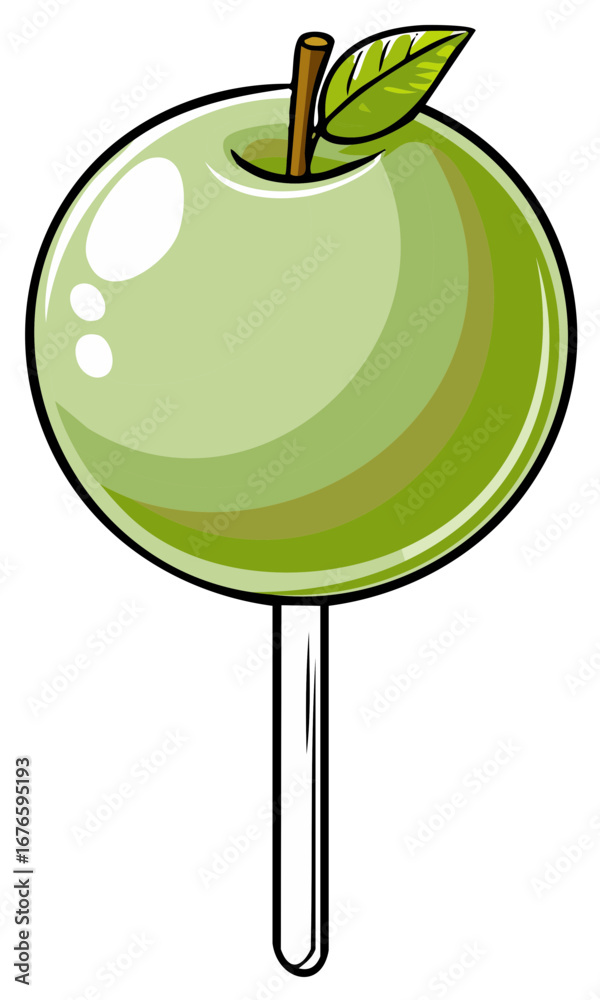 Obraz premium Vibrant green apple candy on a stick with a leaf sweet treat cartoon vector