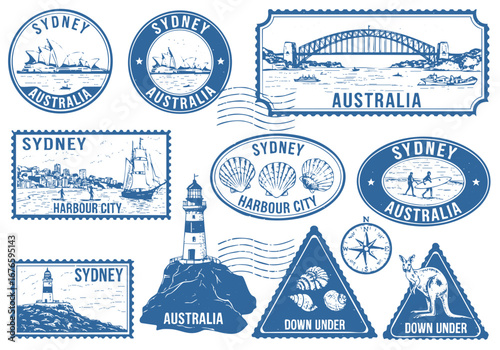 Vintage sydney australia travel stamps collection featuring iconic landmarks and australian symbols design
