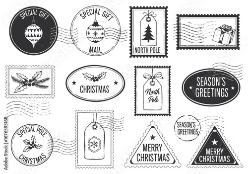 Vintage christmas postage stamps collection special gift mail north pole merry christmas season greetings vector