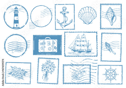 Vintage nautical travel stamps collection with lighthouse, anchor, sailboat and seashell vector design set