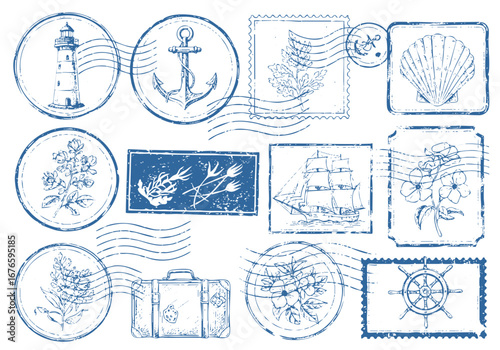 Vintage nautical travel stamps collection featuring lighthouse, anchor, sailboat and sea themed illustrations