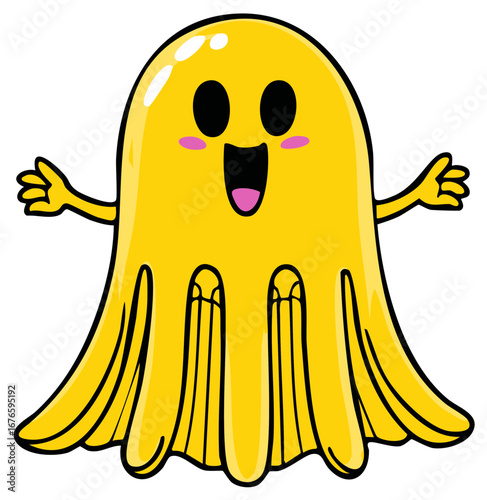Cartoon Yellow Ghost with Cheeks Raised Arms, Halloween, Isolated, Smiling