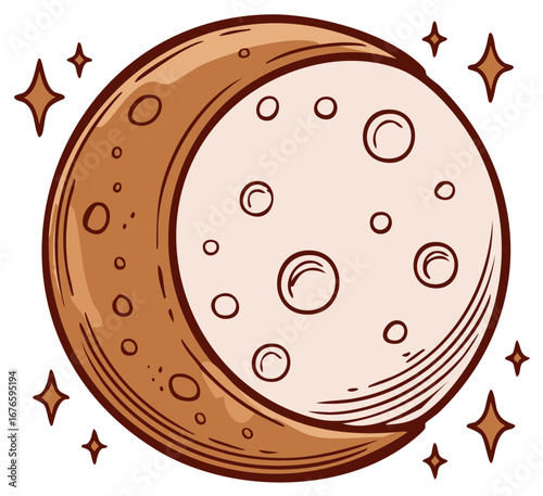 Crescent moon with craters and star sparkles in a cartoonish, illustrated style