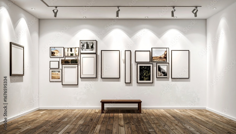 Fototapeta premium A stylish gallery wall featuring an eclectic mix of framed artwork and photos is displayed above a simple wooden bench in a bright, minimalist room with spotlights and wooden flooring.