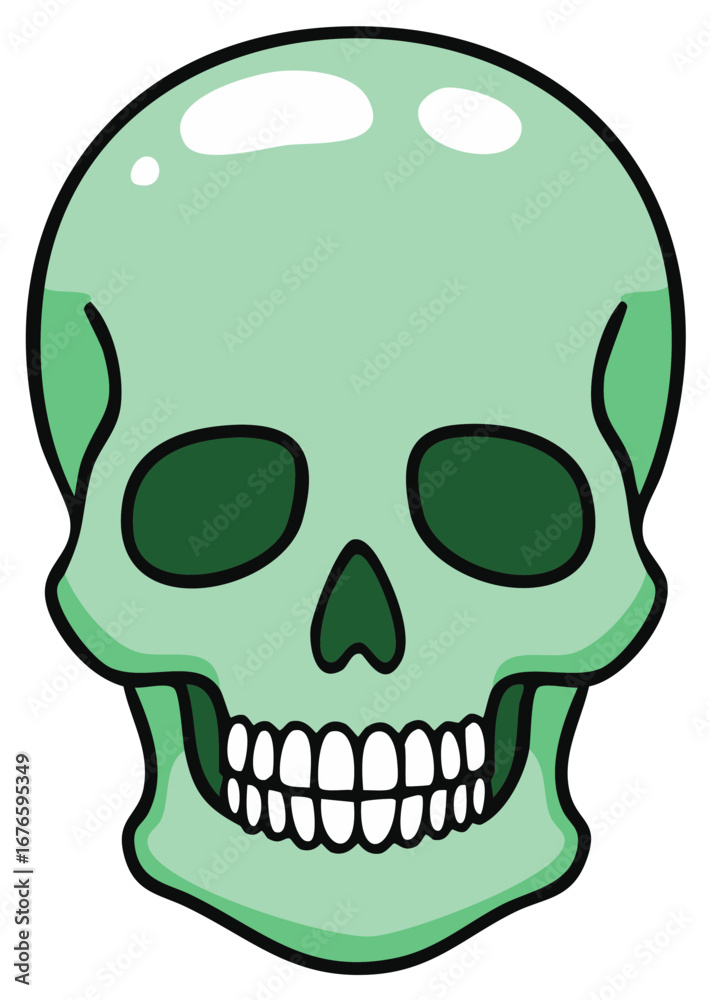 Fototapeta premium Cartoon Style Green Skull with Dark Eyes Sockets and Teeth