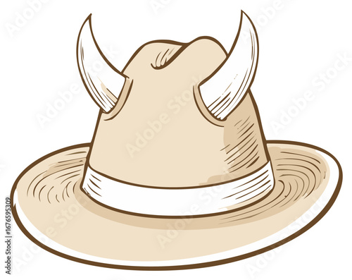 Illustration of a Tan Fedora Hat Adorned with Pair of White Horns