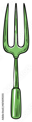 Green Garden Pitchfork Tool Illustration with Black Outline