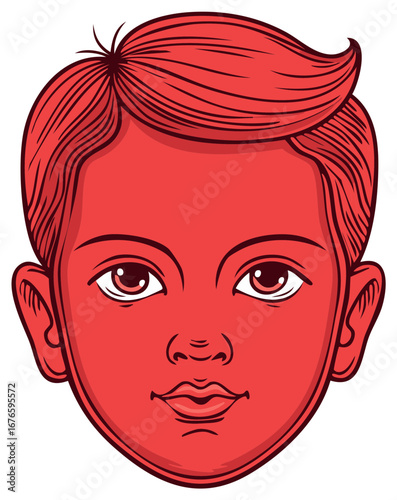Cartoon Portrait of a Boy with Auburn Hair and Red Skin Tone Line Art Illustration