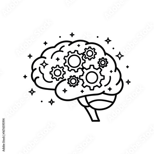 Brain Gears in Action: A detailed illustration showcases the human brain interplaying with gears, highlighting the concept of thought processes, intelligence and the power of the mind.