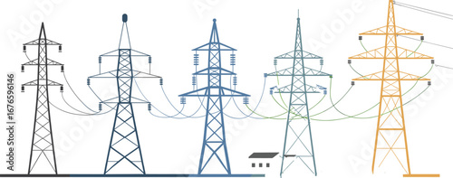 Electric power pylons, high-voltage transmission towers, utility infrastructure, rural electricity distribution system, steel towers with cables, energy network, electric substation building